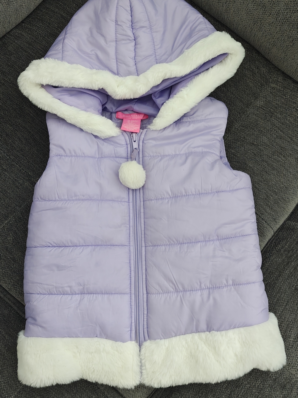 Girls  Lavender Hooded Puffer Vest with White Faux Fur Size 5/6